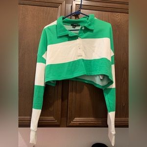 Forever 21 Green and white stripped long sleeve cropped top